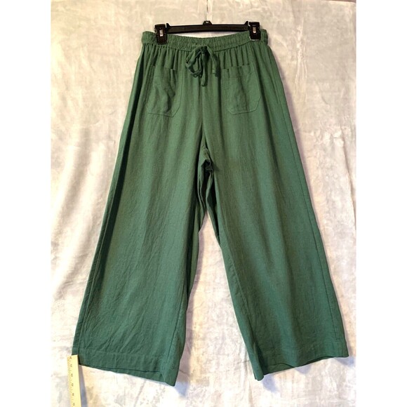 Dip Pants - Dip Pants Womens Med Green Linen blend Wide Leg Cropped Elastic Waist Goucho